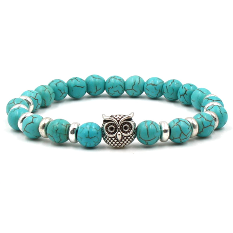 

Lovers Fashion 8mm Turquoise Bracelet Owl Buddha Lion Hand Elephant Bracelets 8mm Natural Stone Gold Silver Bangles For Women & Men Gift