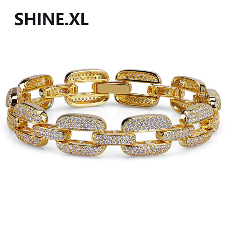 

14K Gold/Silver Color Plated Hip Hop Bracelets Micro Pave CZ Stone Iced Out Men's Copper Cuban Chain Link 15mm Bracelets