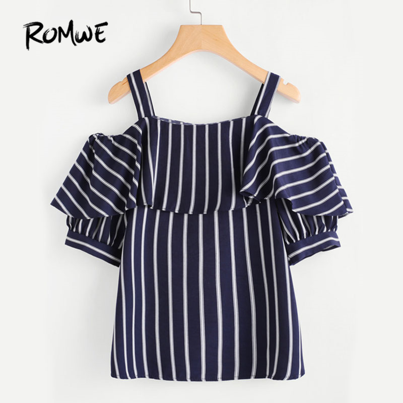 

Women Open Shoulder Layered Striped Top Summer 2018 Woman Cold Shoulder Half Sleeve Ruffle Shirt Navy Tunic Blouse