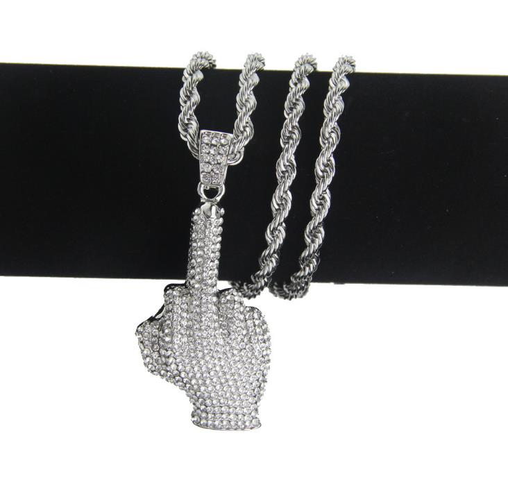 

New Middle Finger Diamond Necklace Street Wind Heavy Drill Full Diamond Alloy Finger Pendant Vertical Middle Finger Hip Hop Necklace Middle