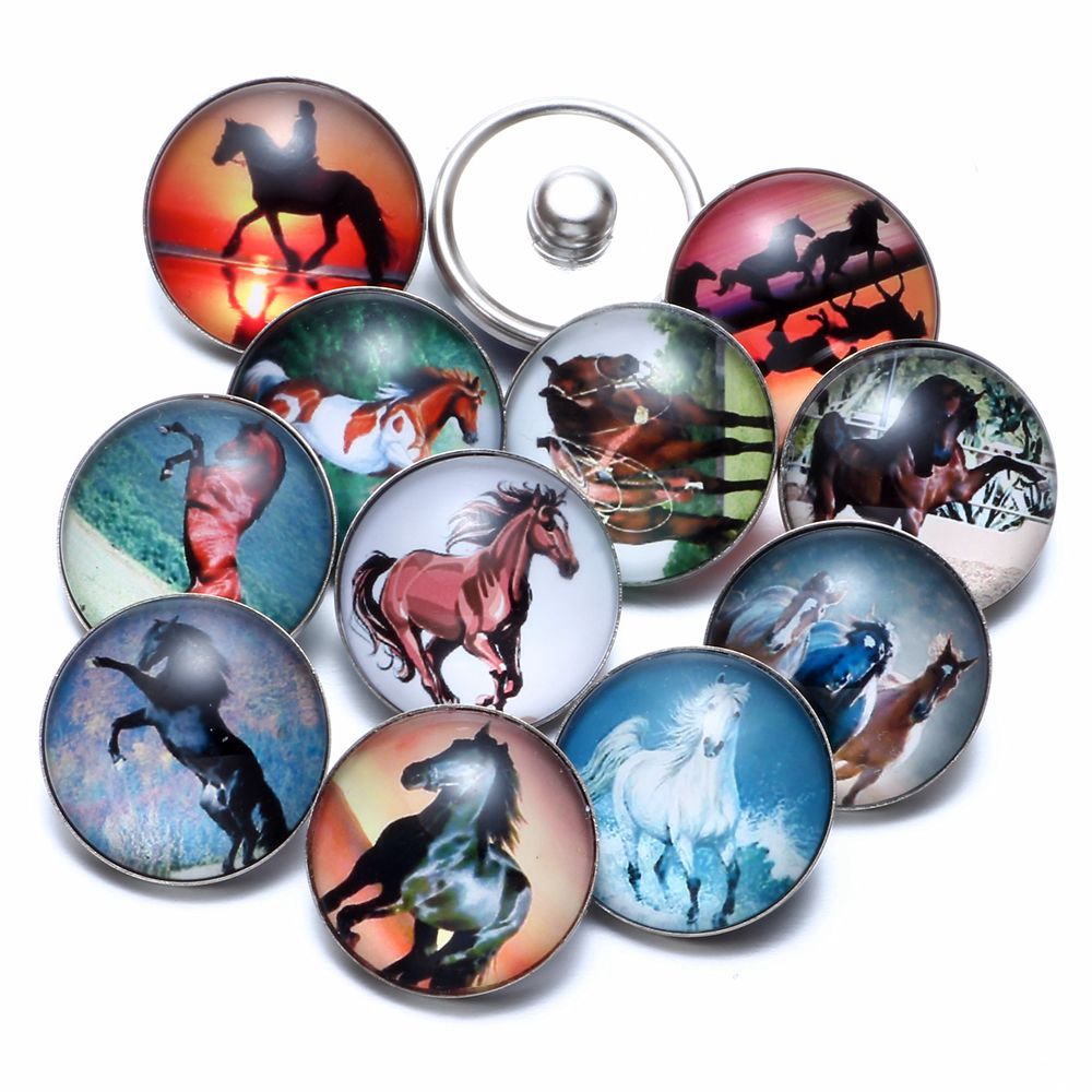 

12pcs/lot Horse Theme Glass Charms 18mm Snap Button Jewelry For 18mm Snaps Bracelet Snap Jewelry KZ0677