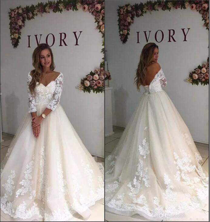 

2018 Vintage Lace Appliques Wedding Dresses Romantic Princess Long Sleeves A-Line Chapel Sweep Train Bride Gown Robe De Mariage, Pink