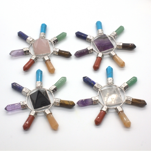 

Wholesale 5 Pcs Vintage Silver Plated Pyramid 7 Color Hexagon Stone Energy Launcher Charka Pendant Amulet Jewelry