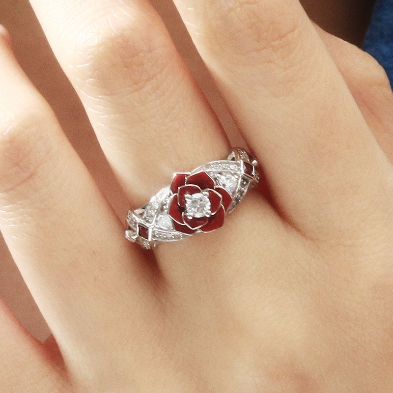 

Floral Two Tone Promise Rose Women Ring with White and Red Zircon Fashion Charming Flower Wedding Rings Jewelry bague femme