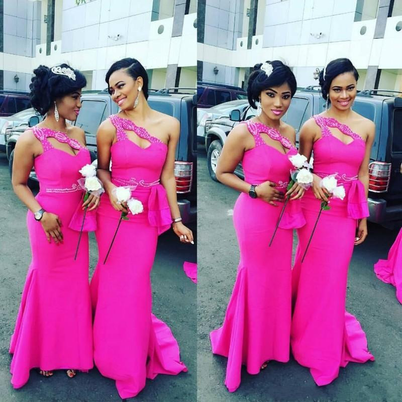 

New Gorgeous One Shoulder Fushia African Long Bridesmaid Dresses Satin Beaded Ruffles Mermaid Maid Of Honor Gowns For Wedding Custom Made