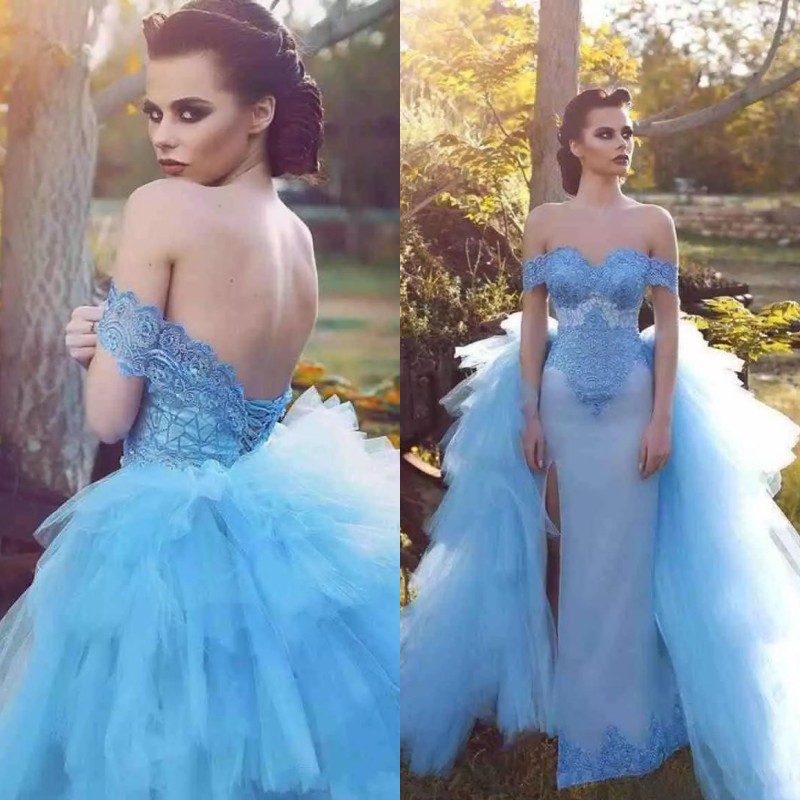 

Charming Dubai Mermaid Prom Dress With Tiered Tulle Overskirt Off Shoulder Lace Appliqued Side Split Evening Dresses Fashion Sexy Party Gown, Dark navy