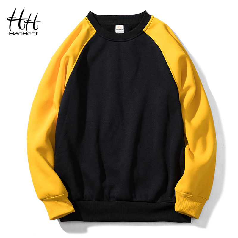 HanHent Patchwork Ras Du Cou Sweats Hommes 2018 Polaire Hoodies Pull Mode Streetwear À Capuche Hip Hop Jaune Et Noir L18101005