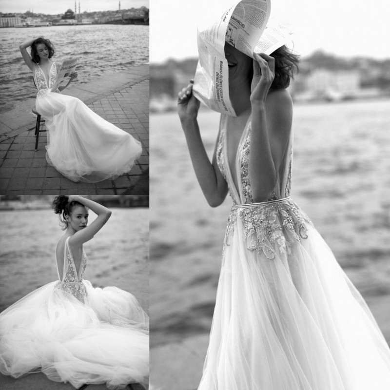 

Liz Martinez 2019 Beach A Line Wedding Dresses V Neck Beaded Backless Lace Appliqued Bridal Gowns Sweep Train Boho Country Wedding Dress, Gold