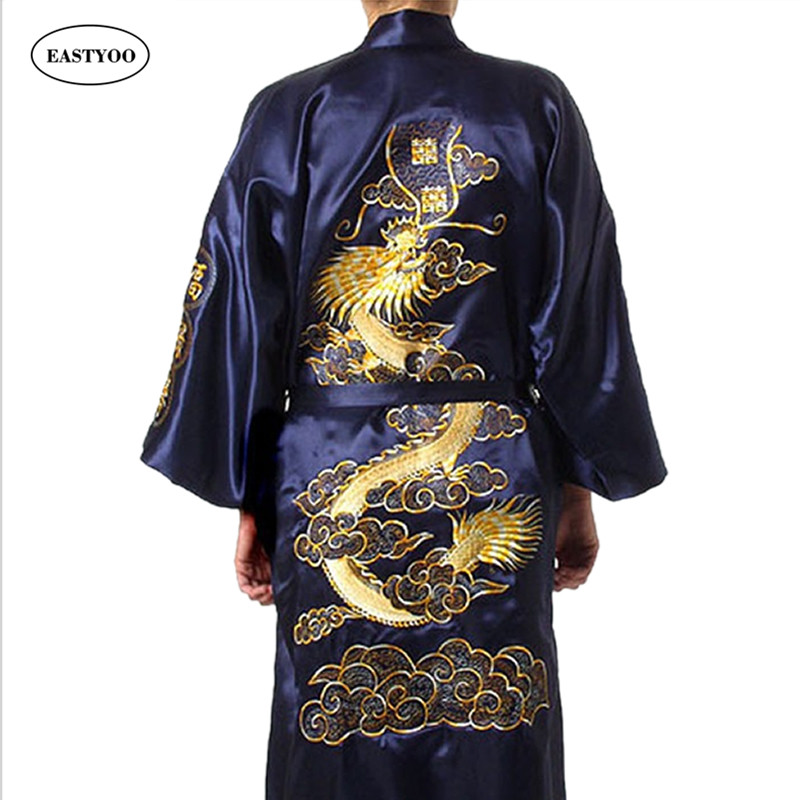 

Dragon Silk Robes Men Satin Pajamas Belt Silk Pijamas Plus Size Pijamas Sleepwear Lounge Japanese Robe Kimono Men's Bathrobe, Sky blue