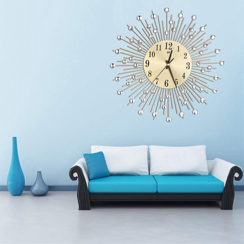 

Wall Clock Diamonds Decorative Round Clock Metal Living Room Decor Quiet Quartz Clocks Modern Minimalist Clocks(Gold)