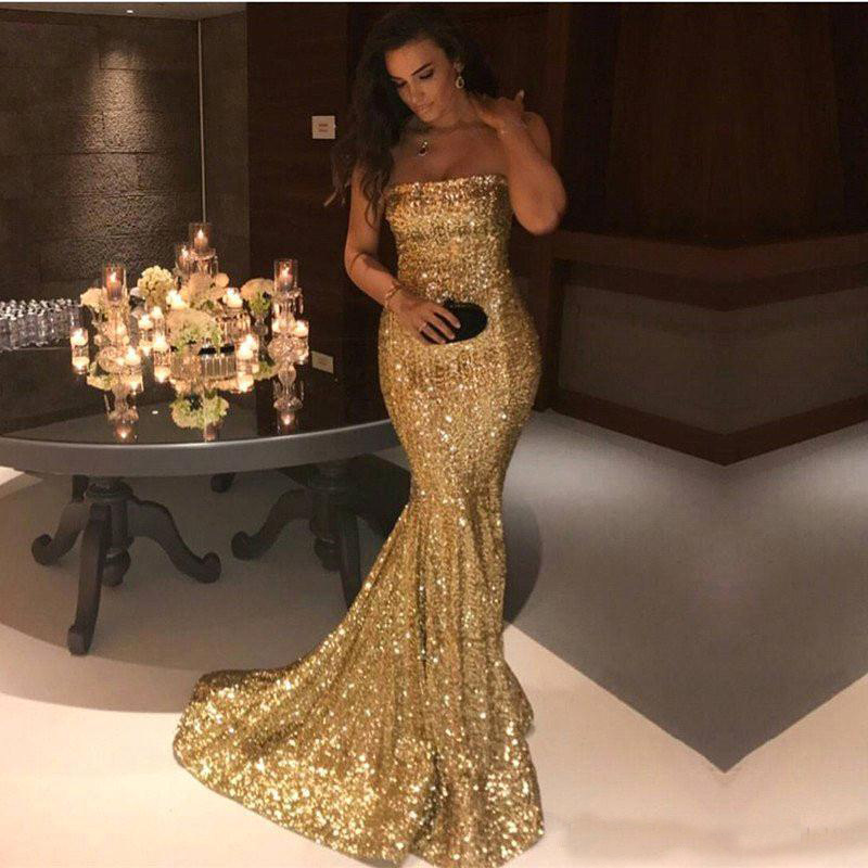 

Sequined Mermaid Long Prom Dresses Strapless Zipper Back Sexy Maid of Honor Dress Gold Evening Party Gowns Custom Made, Water melon