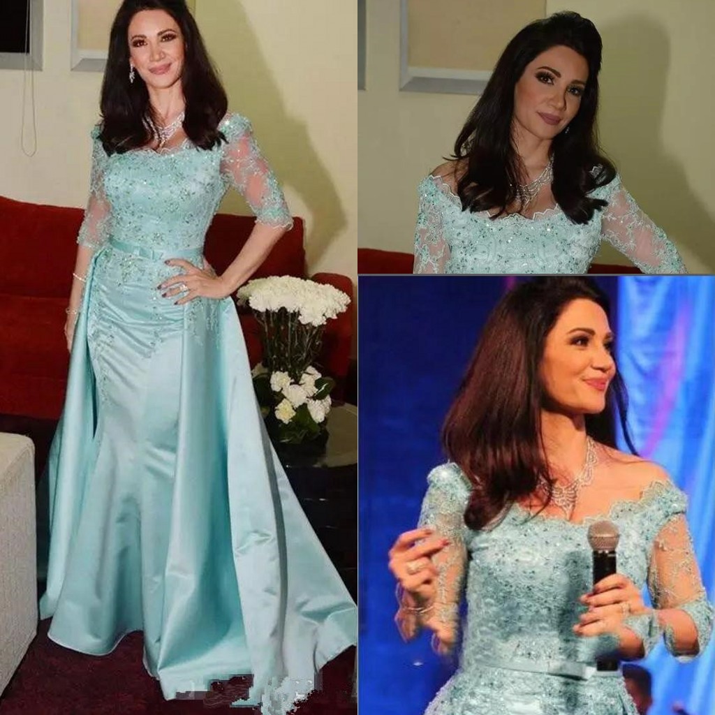 

2018 Mint Off Shoulder Evening Dresses Half Sleeves Lace Appliques Beaded Sashes Mermaid Prom Gowns Custom Vestidos De Noiva Mother Dresses, Blue