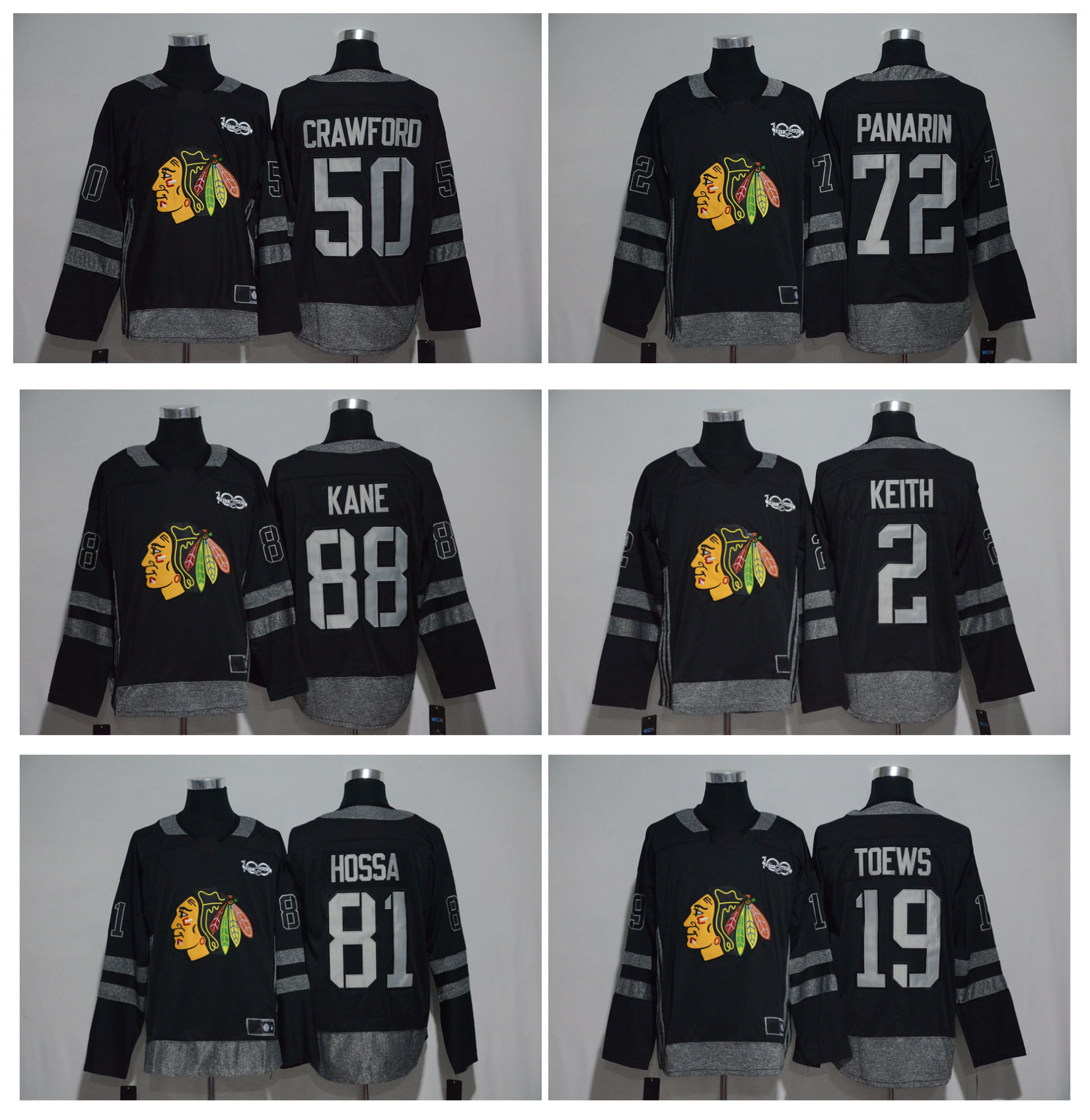 

100th Anniversary Chicago Blackhawks Hockey Jersey 2 Duncan Keith 19 Jonathan Toews 88 Patrick Kane 50 Corey Crawford 72 Panarin 81 Hossa, Black