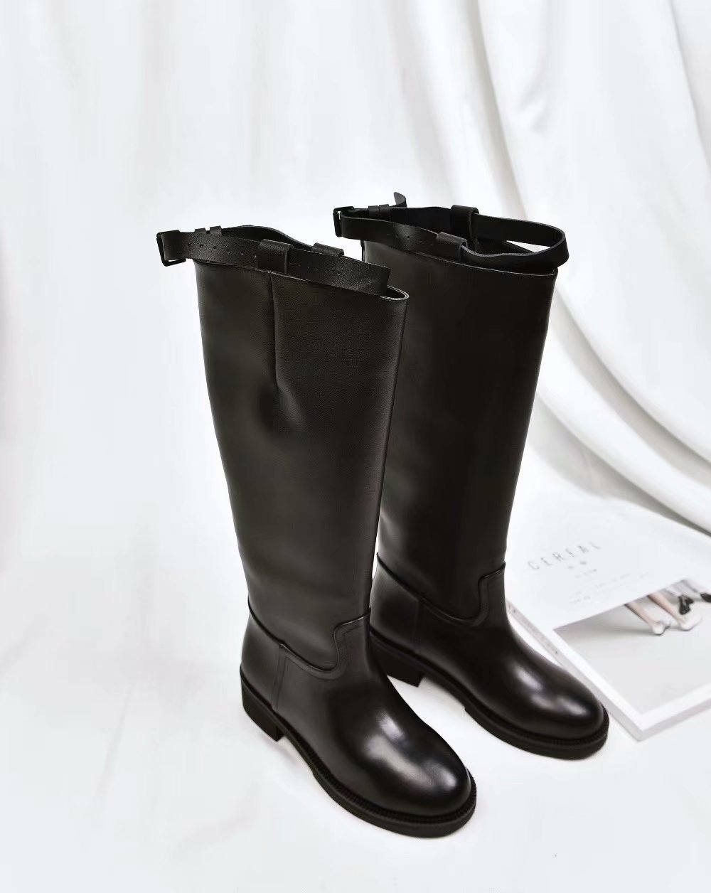 

Woman Fashion Black Knee High Boots Shoes 2018 Ladies Dress Genuine Leather Motorcycle Boots Shoes Autumn Runway Knight Boots Zapatos
