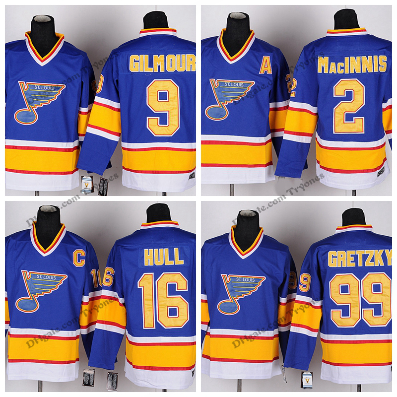 

Vintage St. Louis Blues Hockey Jerseys Mens Cheap 9 Doug Gilmour 2 Al Macinnis 16 Brett Hull 99 Wayne Gretzky Stitched Hockey Shirts, Blue 9