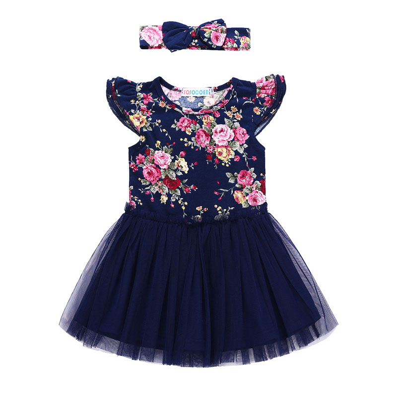 

2018 Baby Girls Dresses INS New Floral Tulle Princess Dress + Headband 2 pcs Fashion Summer Girl Kids Dresses Boutique Clothes, As photo