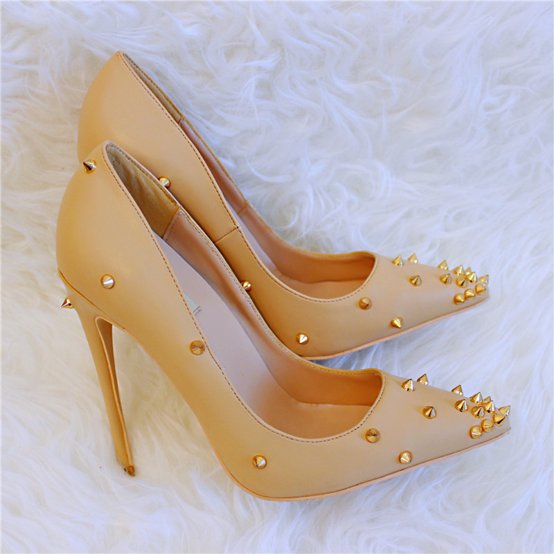 

Brand Women Office of Pumps Wedding Shoes Woman High Heels Nude leather spikes rivets Fashion Shoes Sexy High Heels Shoes free shipping, Nude 10cm