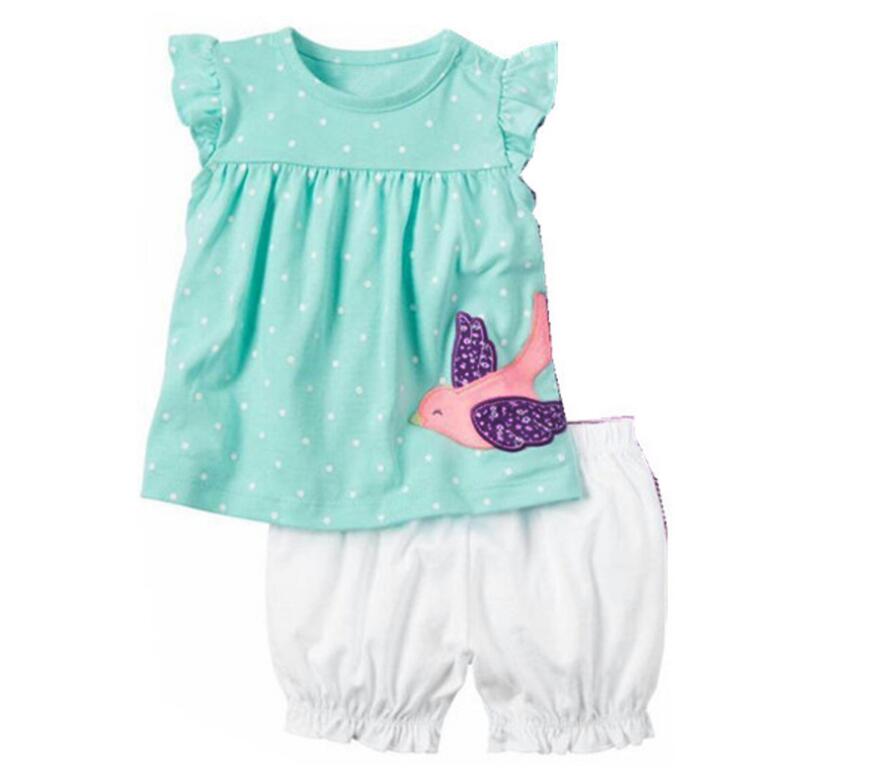 

Girl Summer Bird Print Dot Short Sleeve T-shirt and Pants Suits Two Pieces Baby Cotton Short Tops and Trunks Set Baby Clothing CN G027, As picture