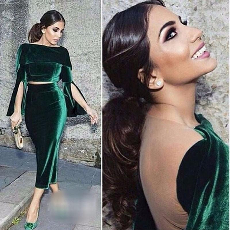 

Two Pieces Prom Dresses Long Sleeves Illusion See Through Back Sexy Cocktail Party Dresses Velvet Dubai Formal Evening Gowns, Fuchsia