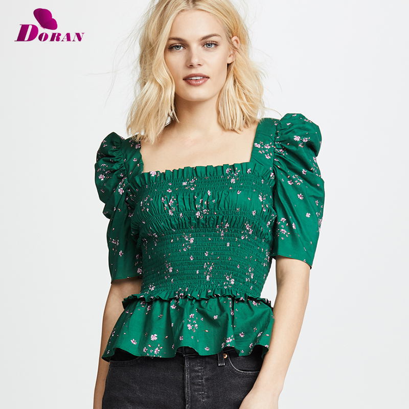 

DORAN Elasticity Green Blouse Women Square Neck Top with Puff Sleeve Blouse Backless Sexy Top Summer High Street Blusas 2018, Dark green