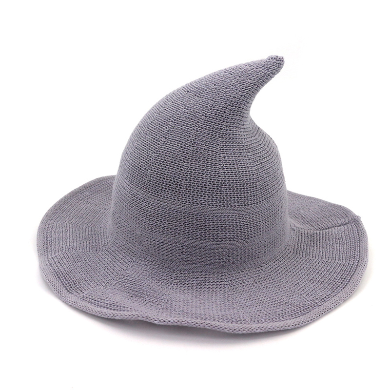 

Cotton Knitted Witch Hat Cap Casual Wide Brim Bucket Hats Women Funny Folding Magic Wizard Hat Solid Color Chapeau for female, Blue;gray