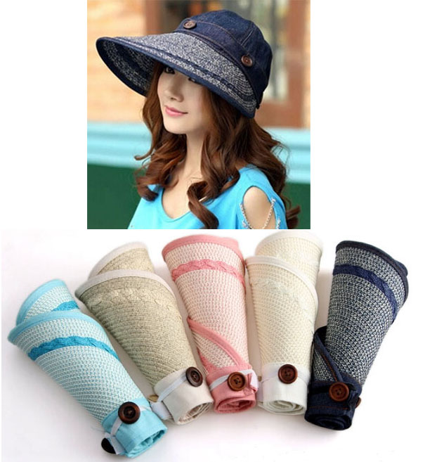 

Fashion 2-way Woman wide brim summer beach sun visor Foldable Cloche Hat Cap, Blue