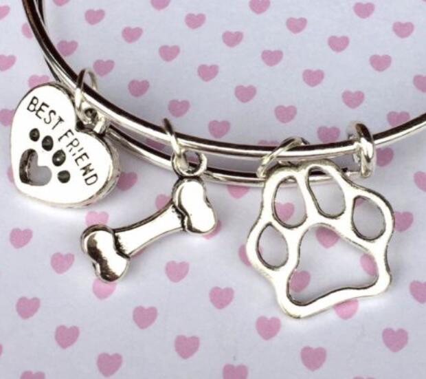 Vintage Argent Chat Chien Patte Prints Coeur Os Charmes Extensible Fil Bracelet De Mariage Manchette Bracelets Pour Les Femmes Bijoux Cadeau NEUF
