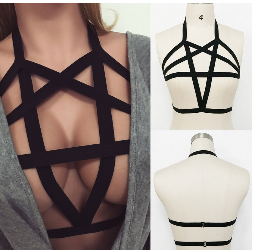 

Sexy Harness Bra Bondage Cage Lingerie Elastic Body Harness Belt Gothic Pentagram Bra, Black