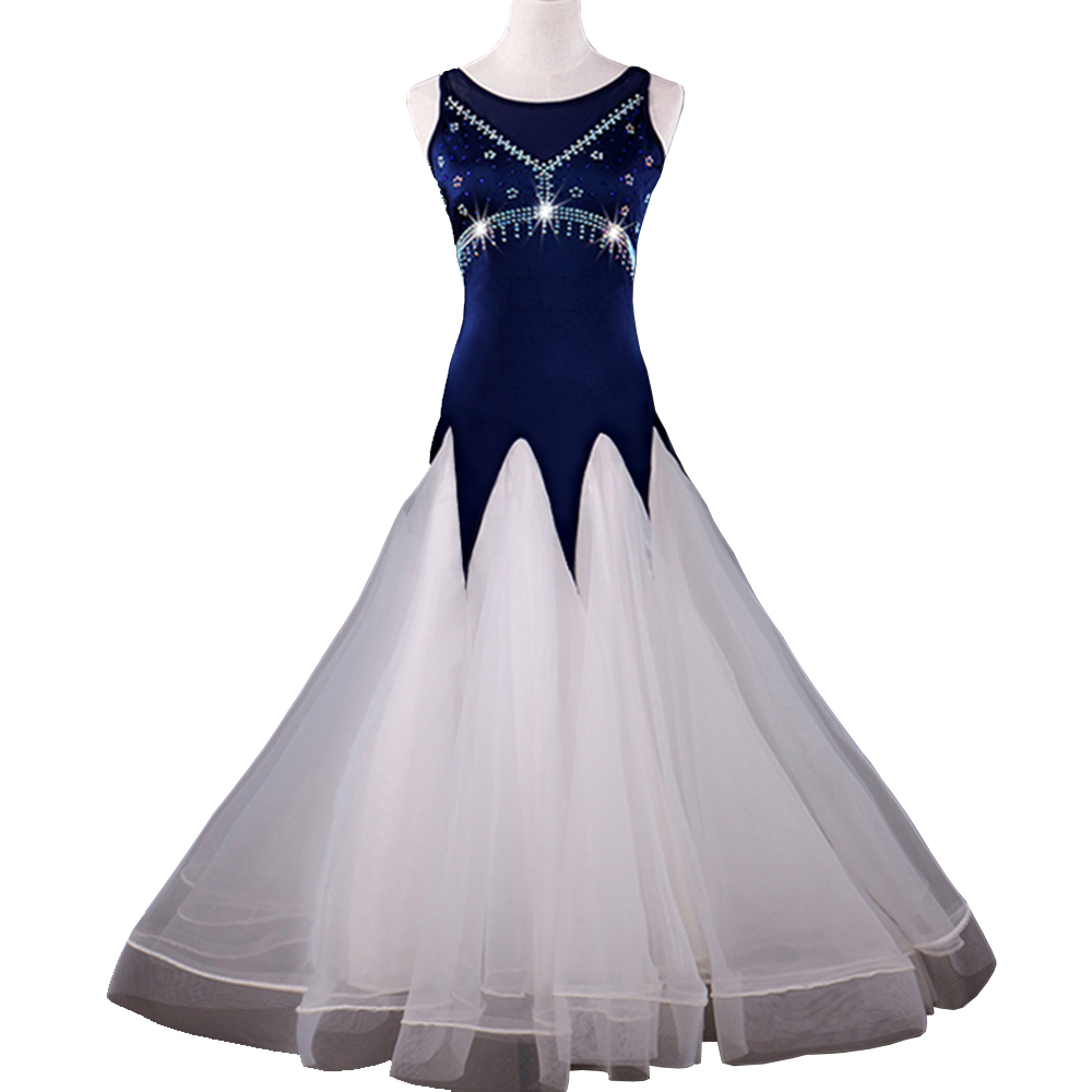 

Ballroom Waltz Dresses Competition Dress Dancing Outfits Ballroom Tango Dance Costumes Customized Size D0614 Rhinestones Big Sheer Hem, Blue