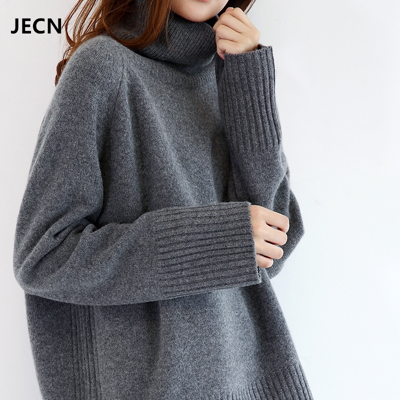 JECN Winter New Fashion Cashmere Wool Women Warm Solid Sweaters Casual Full Sleeve Turtleneck Loose Pullovers Computer Knitted