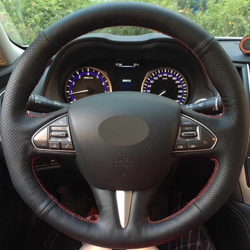 Black Genuine Leather DIY Hand-stitched Car Steering Wheel Cover for Infiniti Q50 2014 2015 QX50 2015-image-430983706