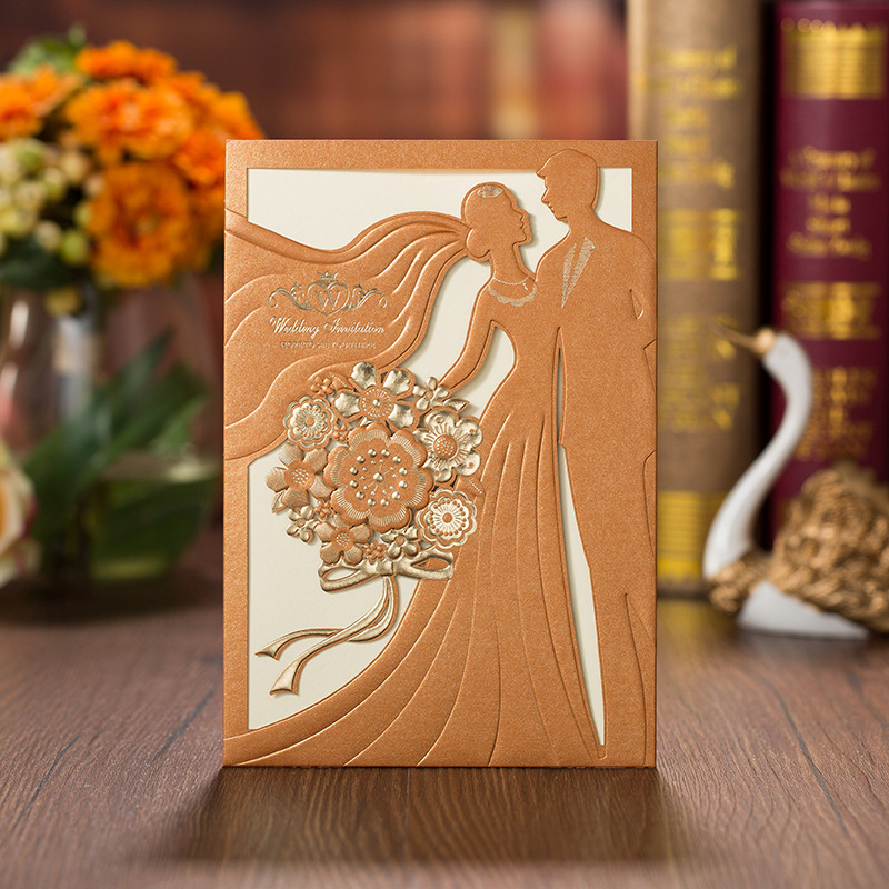 

OEM Laser Cut Wedding Invitations Free Printing Wedding Invitation Card Champagne Personalized Chinese Wedding Invitations #BW-I0036