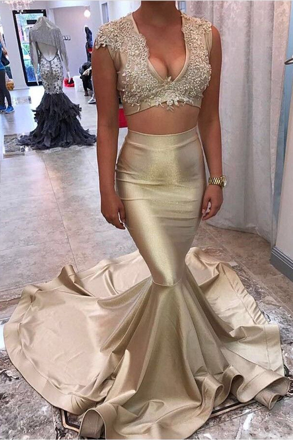 Two Piece Deep V Neck Court Train Gold Satin Mermaid Evening Dresses New Sexy Cap Sleeve Appliques Long Formal Gowns Custom Made
