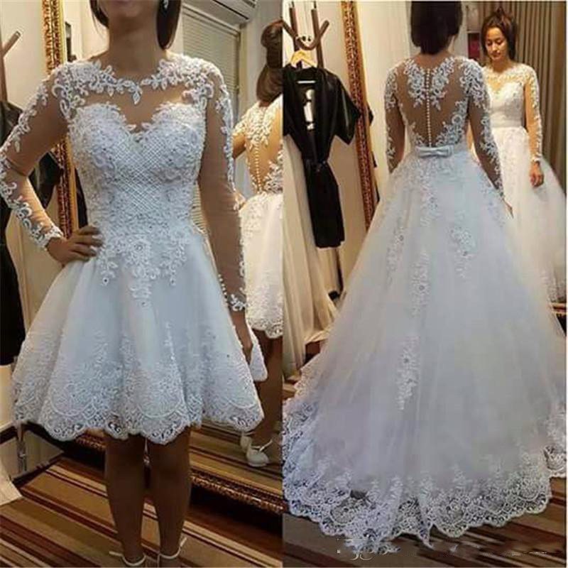 

Detachable Skirt Wedding Dresses Bridal Gowns Vestido De Noiva De Renda Illusion Long Sleeve Bridal Gowns with Lace Appliques, White