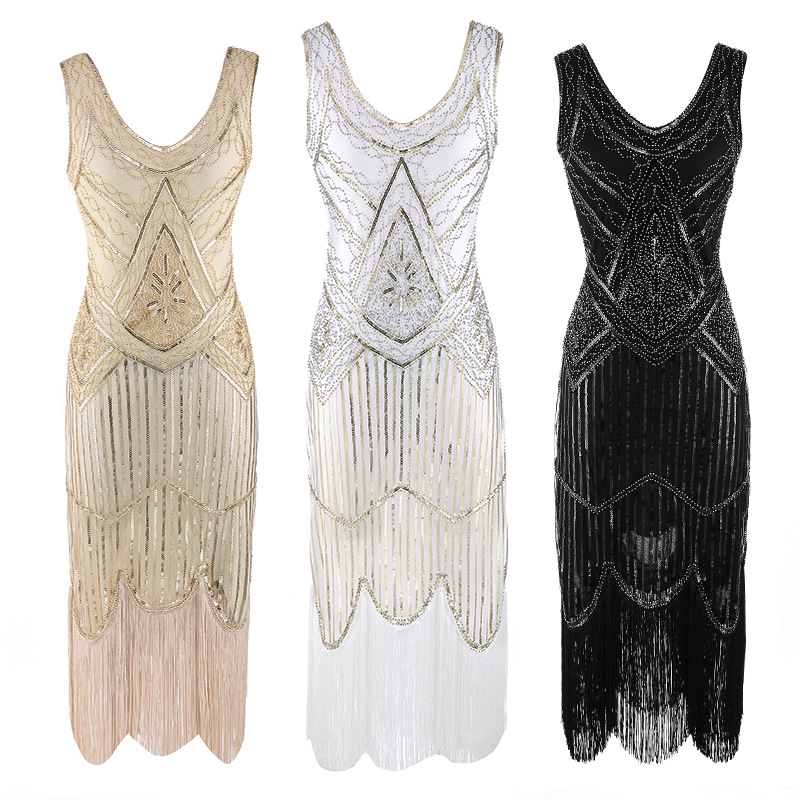 

Stage Wear Vintage 1920s Flapper Great Gatsby Dress Sequin Fringe Party Midi 2021 Summer Fancy Costumes Pluse, Beige