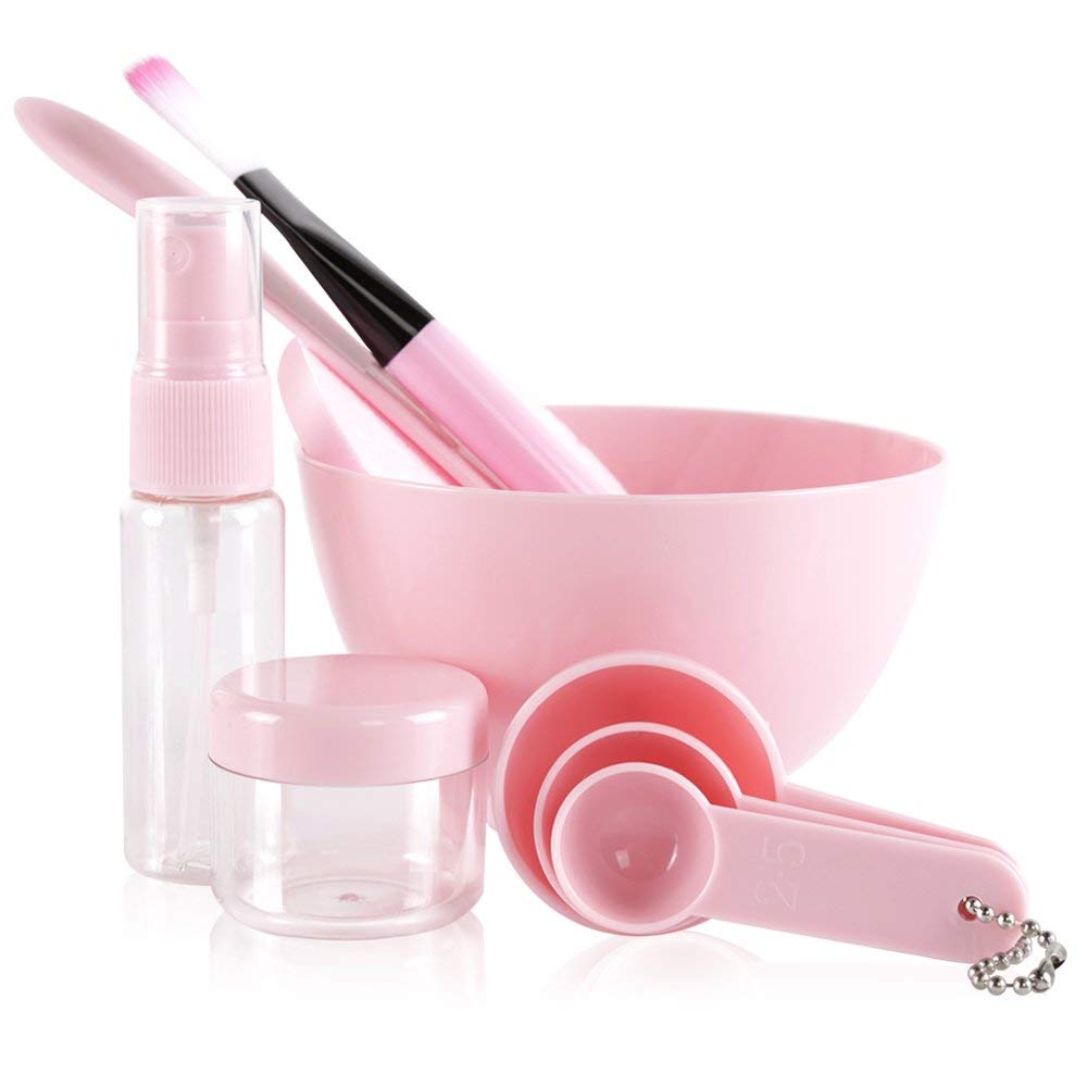 

Face Mask Mixing Bowl Set, Lady Facial Care Mask Mixing Tool Sets, Bowl Stick Brush Gauge Cleaning Mat 9 in 1 Set Pink