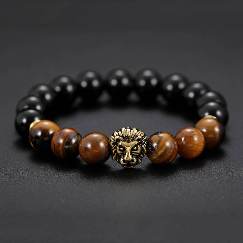 

Natural tiger eye stone Beaded strands bracelets Charm Lucky Golden lion Bracelet for men fashion jewelry, Black