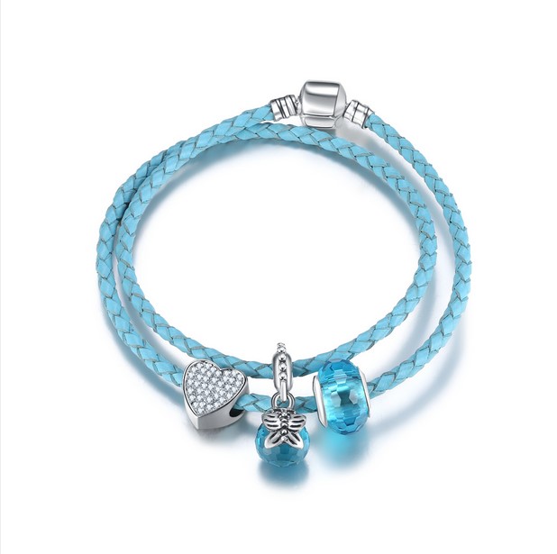 

925 Sterling Silver Lake Blue Charm Bead fit European Pandora Bracelets for Women Charm Double Layer Genuine Leather Chain Fashion Jewelry