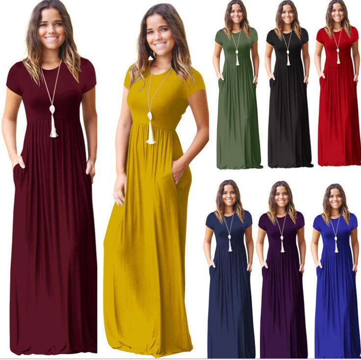 Women summer dress short sleeve o neck Solid Color Pocket Dress Casual Long Maxi Party Summer Beach Pocket dress LJJK895
