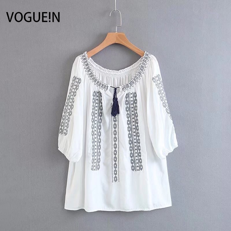 

VOGUEIN New Womens Ethnic Embroidered 3/4 Sleeve Pullover Tops Blouse Shirt Wholesale, Navy