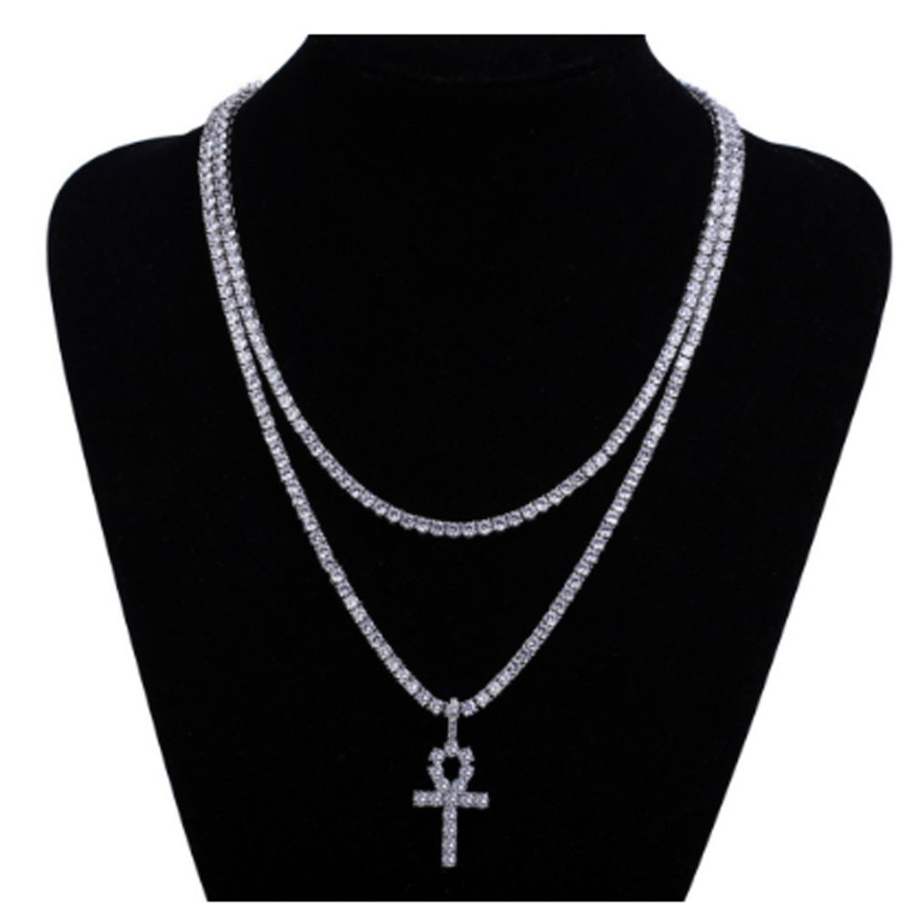 

Men Iced Out Micro Pave Cubic Zirconia Cross Ankn Nail Pendant Luxury Bling Bling Simulated Diamonds 4mm 18inch 20inch Tennis Chain Necklace