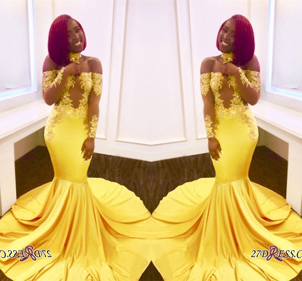 2k17 Yellow African Prom Dresses Sexy Off Shoulder Long Sleeve Appliques Satin Mermaid Gowns Evening Wear