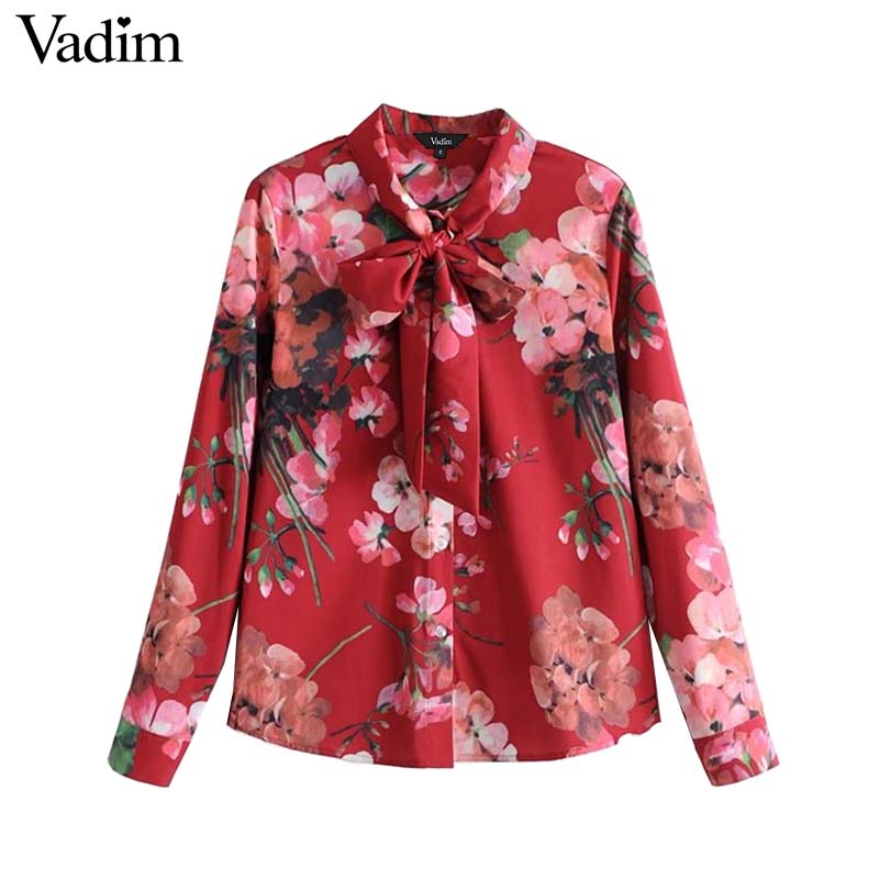 

Vadim women sweet bow tie floral shirt long sleeve pleated blouse vintage female spring casual chic tops blusas LT2654, As picture