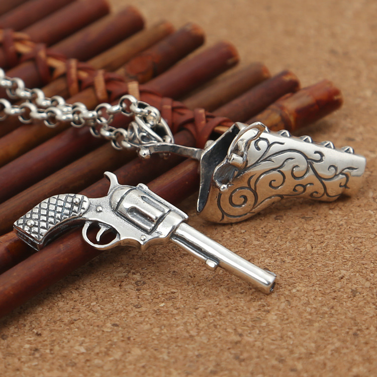 Brand new 925 sterling silver designer jewelry vintage hand-made punk domineering cool pistol pendant without chain gun can open able-image-416461175