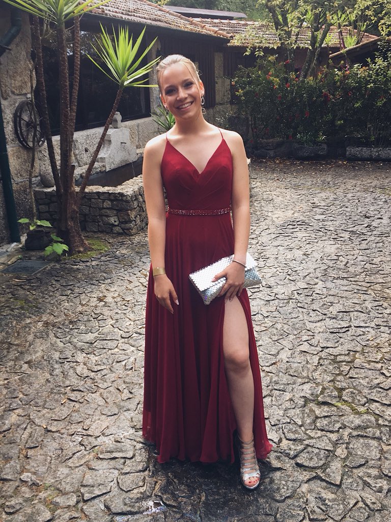 

Burgundy Chiffon A-Line Prom Dresses Long V Neck Simple Girls Graduation Dresses High Leg Slit Beaded Waist Back Strapless Prom Gown, Blue