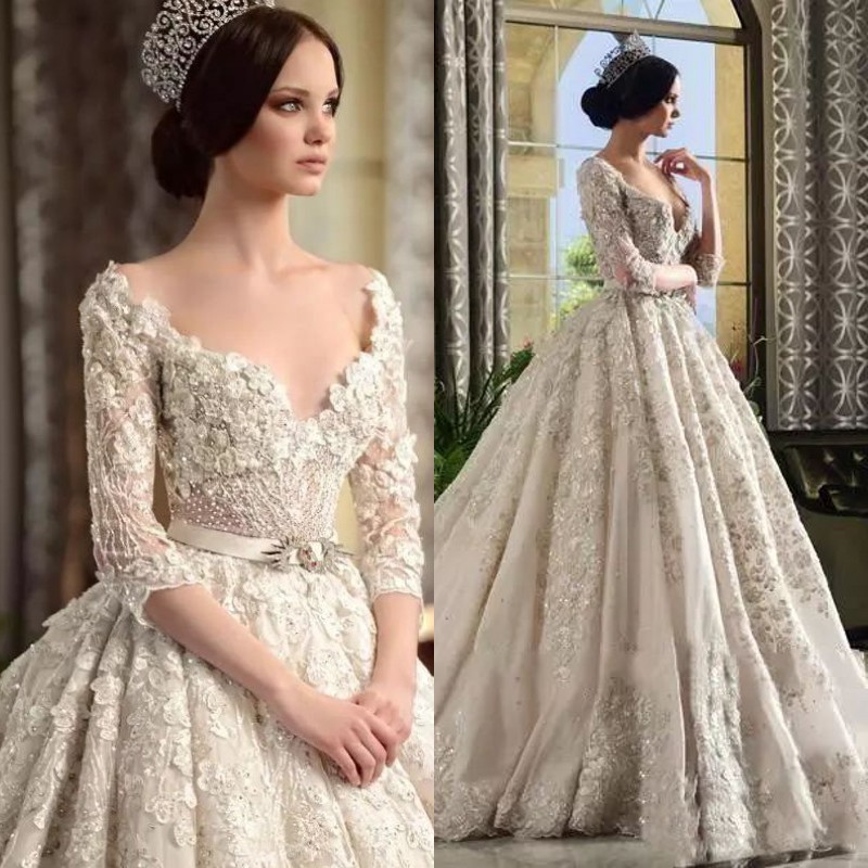 

Dubai Arabia Princess Wedding Dress Luxury Pearls Beaded Lace Applique Tulle Wedding Dresses Gorgeous 3/4 Long Sleeve Backless Bridal Dress, Red