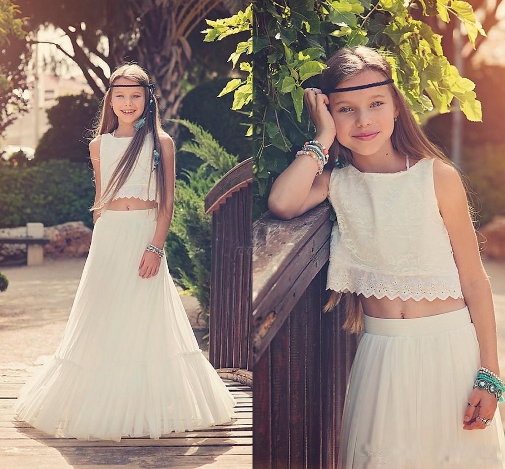 

2018 Jewel Neck Two Piece Boho Country Flower Girl Dresses for Wedding A-Line Chiffon Lace Sleeveless Pageant Gown First Communion Dress, Yellow