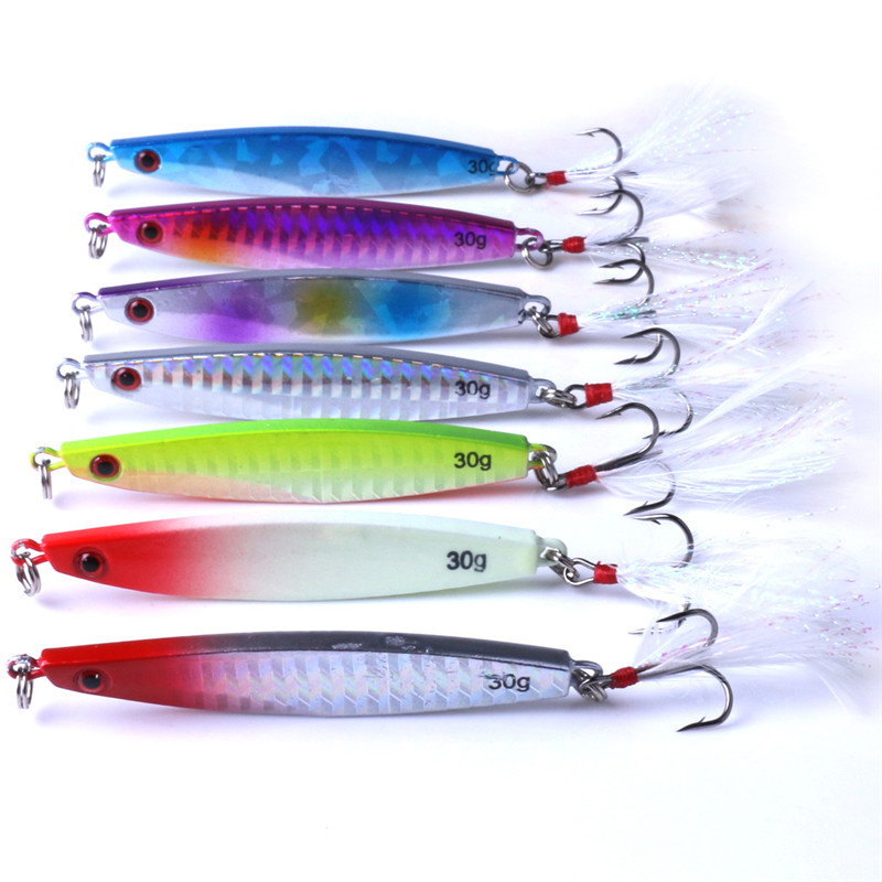 

2 Sizes Metal Lead FISH Jigs Laser Fishing bait 7cm-30g 8cm-40g Likelife Lure Bait Treble Hook with feather