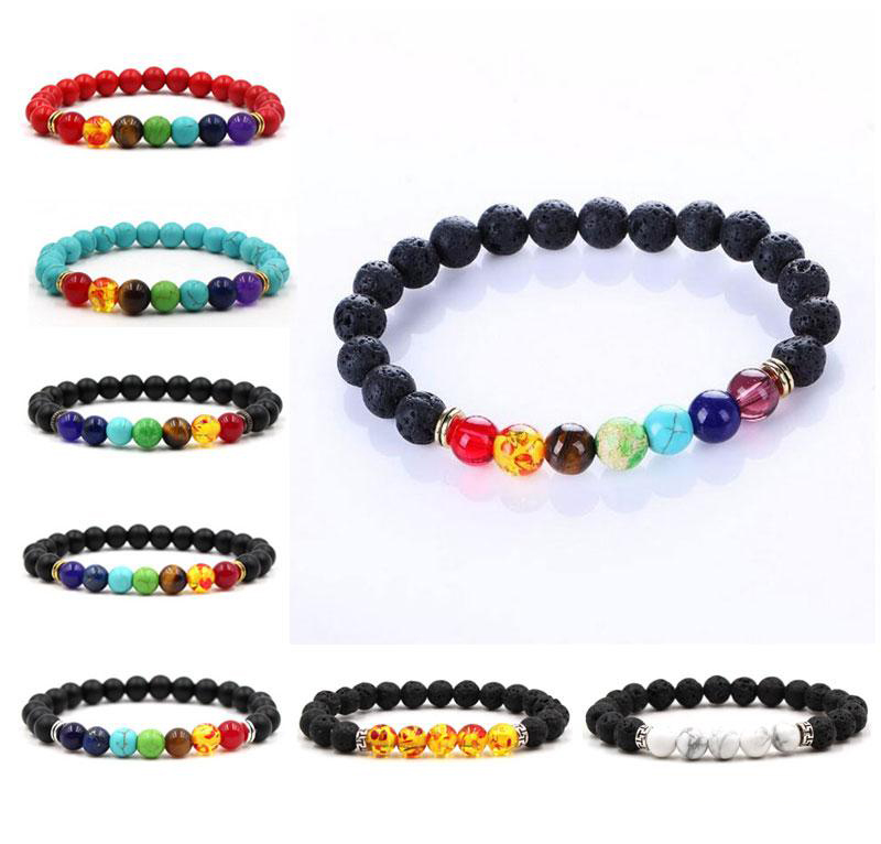 

Volcano bracelets Fashion Wholesale Natural lava volcano, tiger eye, amethyst stone with seven color stone Beaded Bracelet bangle