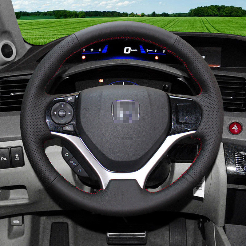 For Honda Civic 9th/ Jed Car DIY Hand Sewing Steering Wheel Cover Balck leather-image-430051262